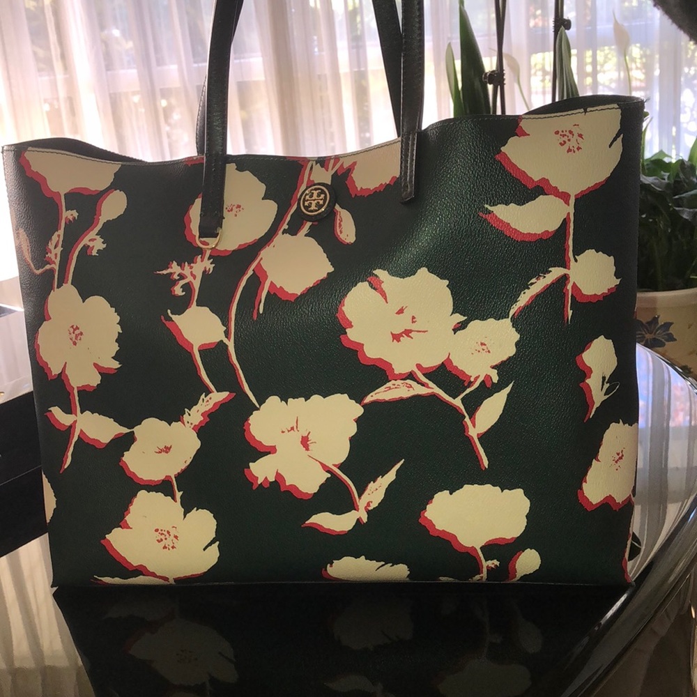 SOLD! NWT Tory Burch Floral Tote Bag -Dark Green Leather - Picture 1 of 16